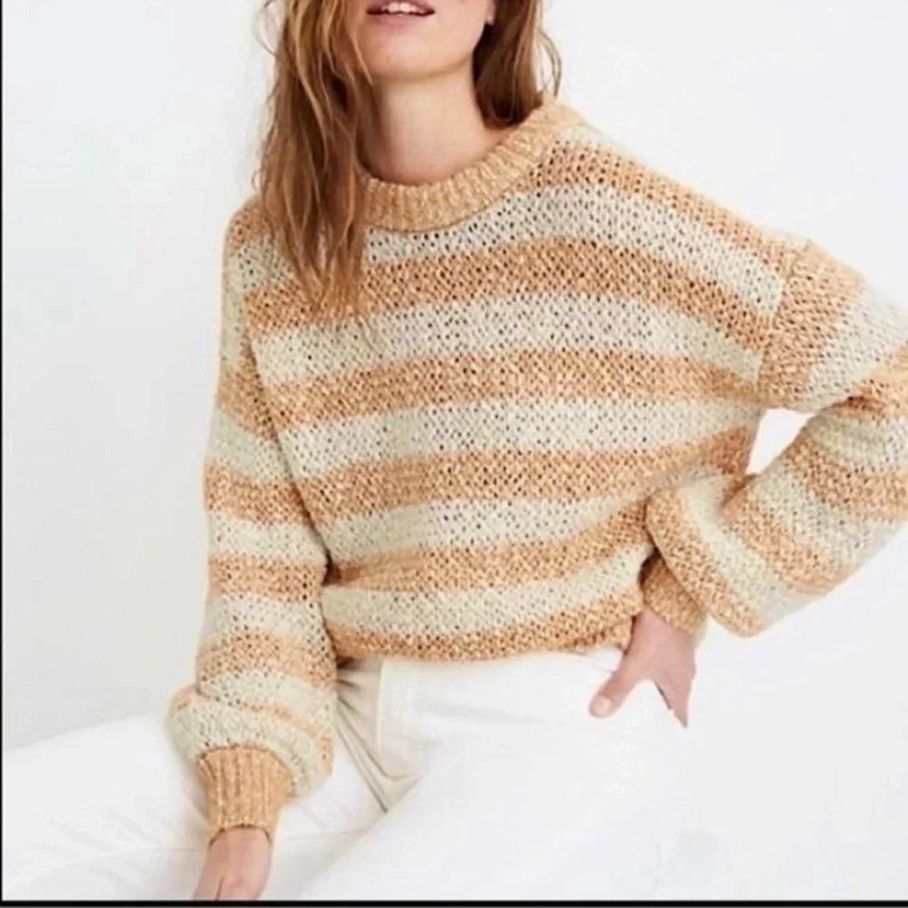 Madewell Wool & Alpaca Blend Baez Pullover Sweater in Creamsicle Stripe Size XXS